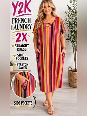 Y2K Colorful Striped Midi Dress 2X Plus Pockets French Laundry